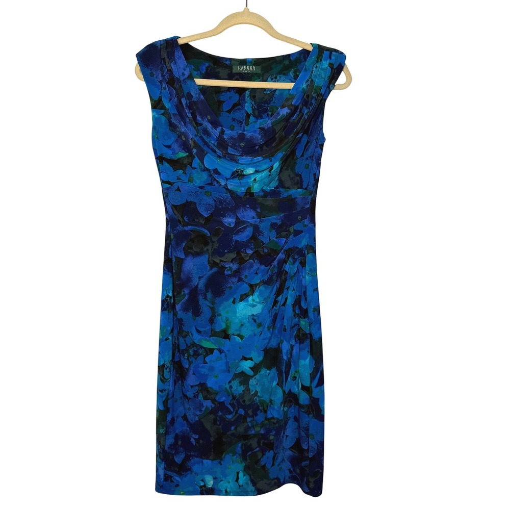 Lauren Ralph Lauren Blue Floral Watercolor Knit Shirred Dress Draped Neck SZ 4